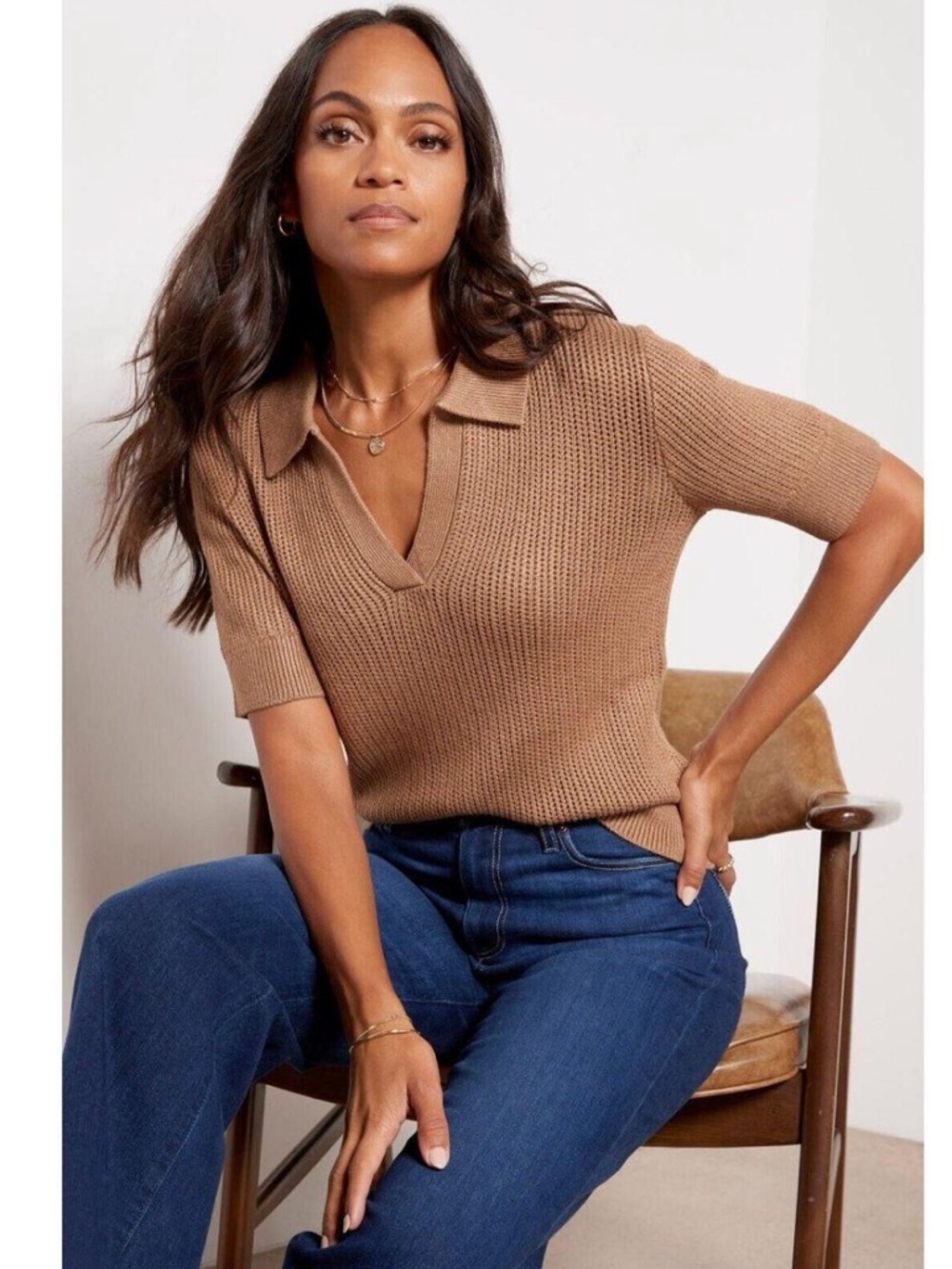 EVEREVE Brown Waffle Knit Sweater Collared Short Sleeve V-Neck Polo Top Size XS